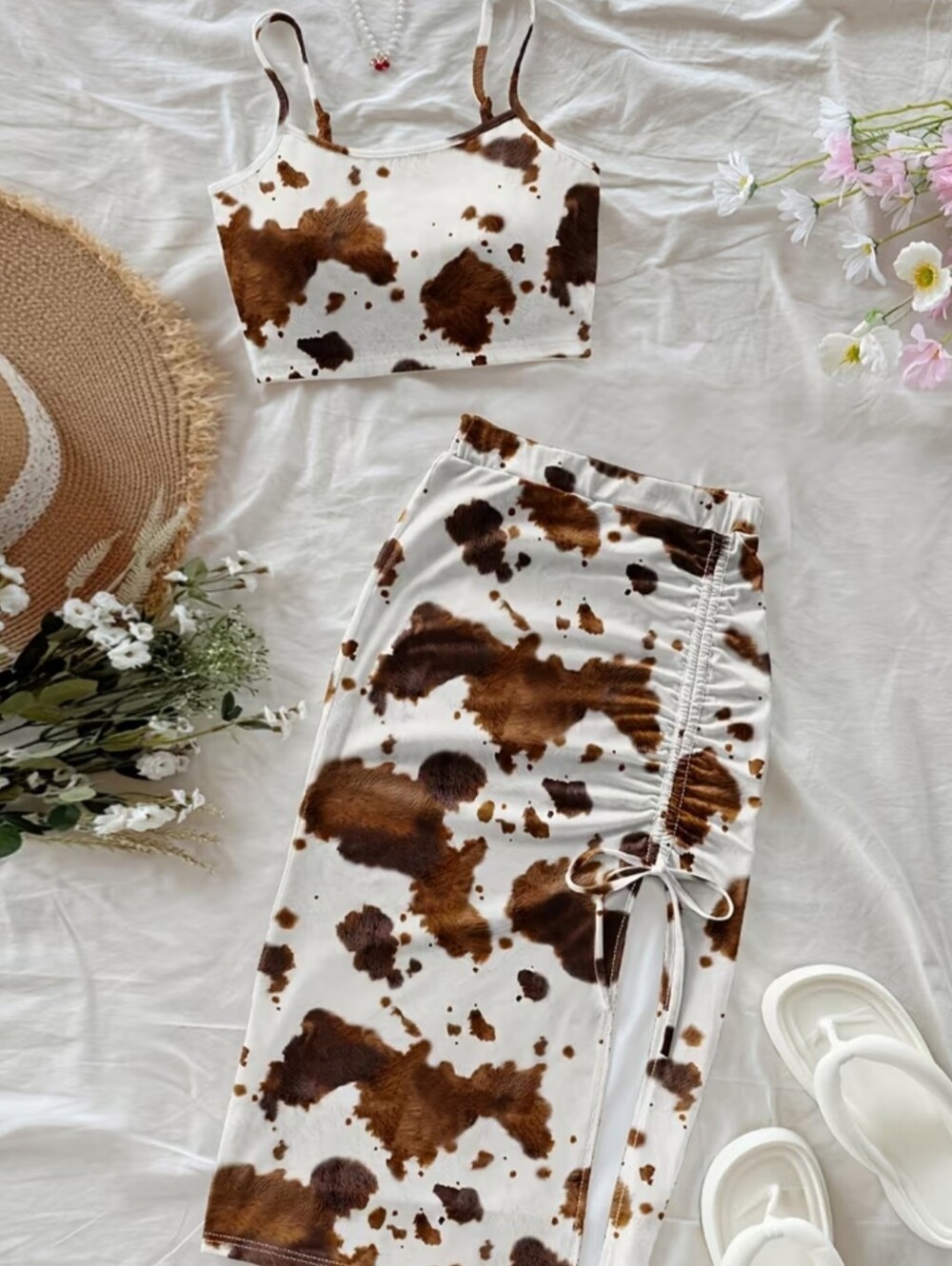Cow Print Two-Piece Crop Top & Ruched Skirt Set - Brown & White Sz Medium
